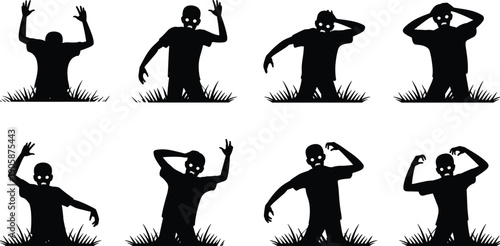 Zombie silhouettes illustration emerging from ground with glowing eyes, eerie poses, black and white artwork, horror, Halloween, undead, scary design concept