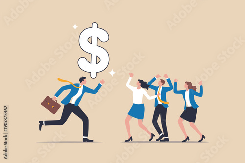 A man running away with a large dollar sign while others chase him
