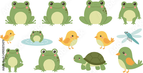 Cute Pond Animals Illustration Set with Frogs, Birds, Turtle, Dragonfly, Nature Wildlife, and Adorable Cartoon Characters for Kids Designs