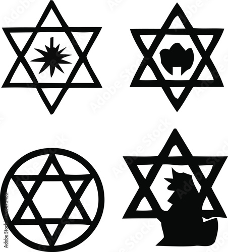 Minimalist vector collection of Star of David symbols featuring various creative internal elements like sunburst, flame, and circular borders.