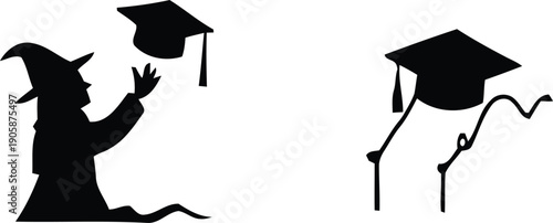 Minimalist vector silhouette of a graduating student throwing a mortarboard cap in the air, academic success and achievement.