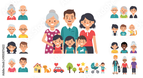 Cheerful Vector Family Portrait Illustration for Generational Connections and Lifestyle Design: A Symbol of Togetherness, Love, and Happiness in Modern Society