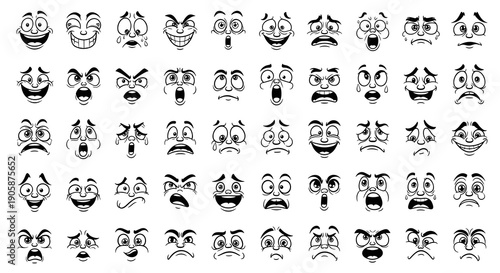 Cartoon Faces: An Array of Expressive Emotions - Black and White Vector Illustrations for Graphic Design, Animation, and Character Development Projects, Emotional Learning Resources