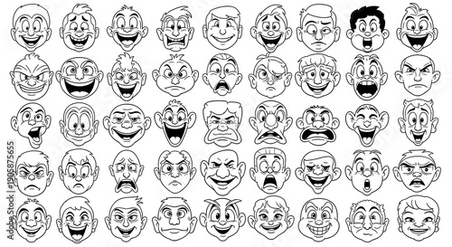 Diverse Cartoon Faces: Expressive Emotions and Characters in Black and White Vector Art for Animation, Comics, and Creative Projects - A Comprehensive Collection