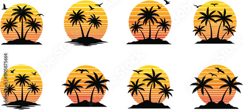 Tropical island palm trees sunset silhouettes birds