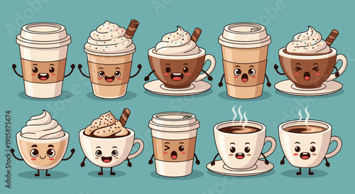 Cartoon Coffee Characters: A Cheerful Array of Cute Beverages for Branding, Marketing, and Social Media Engagement on Light Blue Background