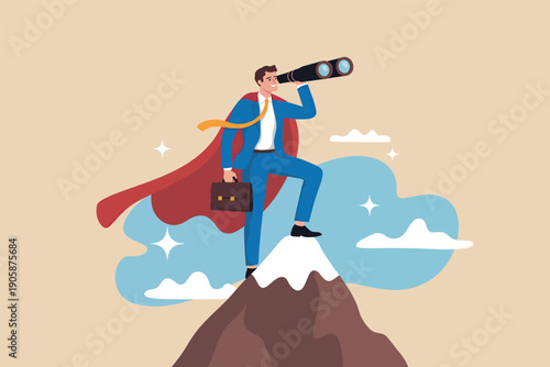 A determined individual with a red cape and a suit looks through a telescope from a mountaintop.