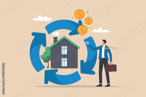 Man standing in front of a house with arrows indicating investment and growth.