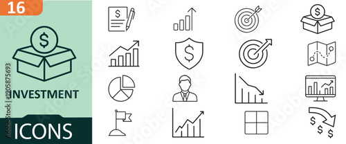 Collection of investment and finance icons for business and economic analysis