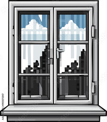 A white-framed window with a cityscape and clouds visible through the panes.
