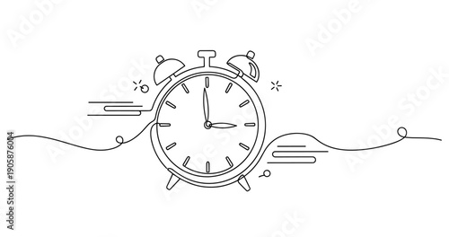 Minimalist line art alarm clock illustration with motion elements. None editable stroke