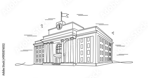 Line art illustration of classical bank building with columns and flag. None editable stroke