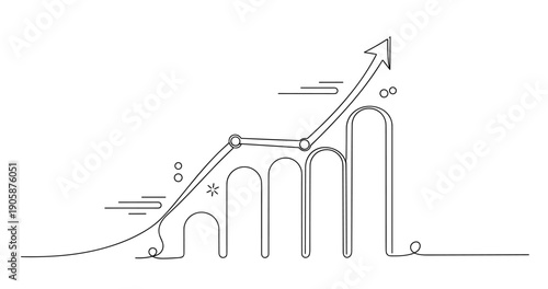 Abstract line art of rising graph with arrow and dynamic flowing lines. None editable stroke