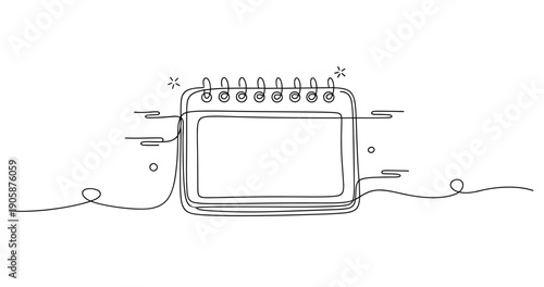 Minimalist continuous line drawing of spiral notebook with abstract design elements. None editable stroke