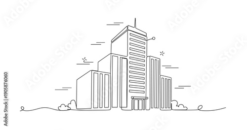 Minimalist line drawing of modern office building in urban setting. None editable stroke