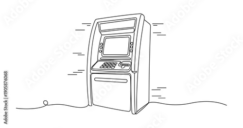 Minimalist line drawing of an atm machine on a white background. None editable stroke