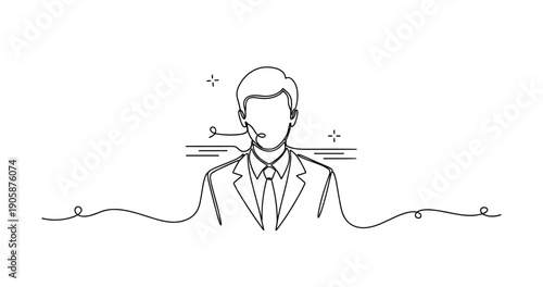 Minimalist line art of male call center agent with headset. None editable stroke