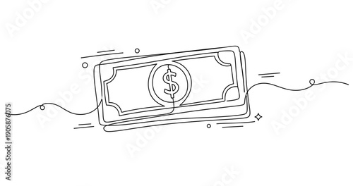 Outline drawing of floating banknotes with dollar sign in motion. None editable stroke