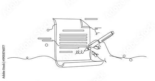 Hand signing document with pen - continuous line drawing illustration. None editable stroke