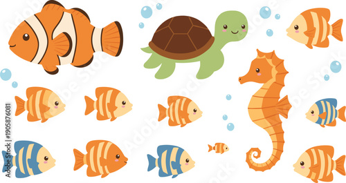 Cute Underwater Sea Animals Illustration Set with Colorful Fish, Turtle, Seahorse, Ocean Life, and Playful Marine Cartoon Characters