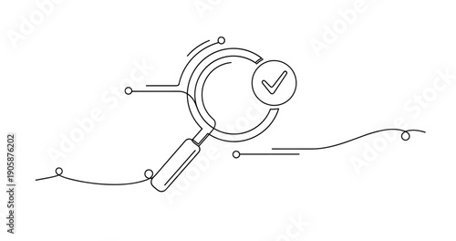 Abstract line art of magnifying glass with check mark symbol. None editable stroke