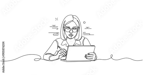 Female adult caucasian professional working on tablet with pen in minimalist line art style. None editable stroke