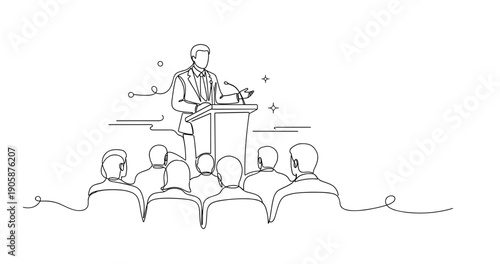Line art illustration of male speaker addressing audience at podium. None editable stroke