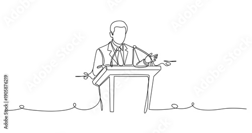 Line art of male figure speaking at podium with microphones. None editable stroke