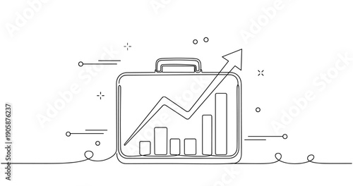 Line art business briefcase with rising graph and growth arrows. None editable stroke