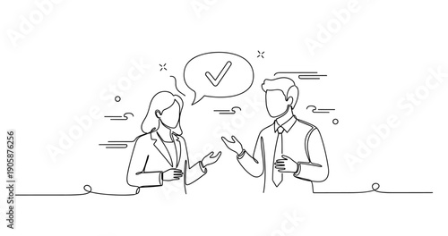 Line art of professionals: caucasian female and male adults discussing with checkmark symbol. None editable stroke