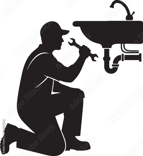 Plumber repairing sink pipe under kitchen basin maintenance service silhouette illustration professional concept home plumbing