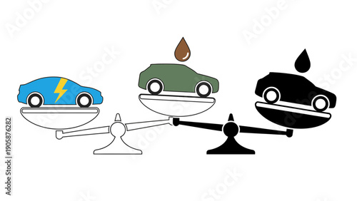 Scales compare electric, hybrid, and gasoline cars with fuel drops.