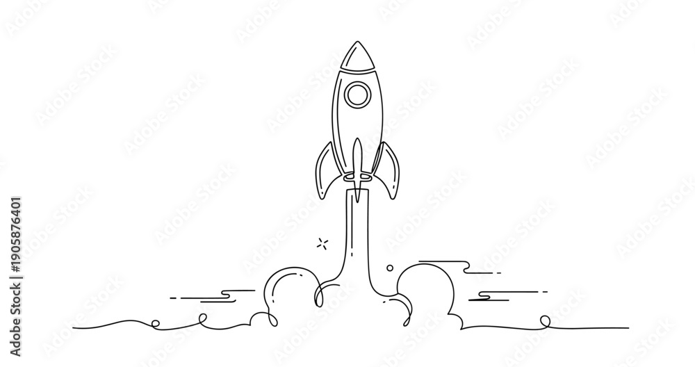 Fototapeta premium Minimalist line art of rocket launch with smoke trails. None editable stroke