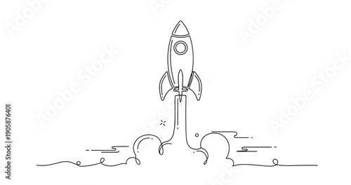 Minimalist line art of rocket launch with smoke trails. None editable stroke