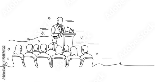 Line art of caucasian male speaker addressing audience in conference setting. None editable stroke