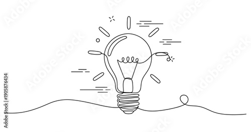Minimalist one-line drawing of a light bulb with decorative accents. None editable stroke