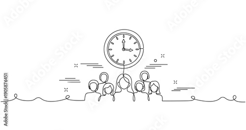 Minimalist line art of people with clock symbolizing time management and teamwork. None editable stroke