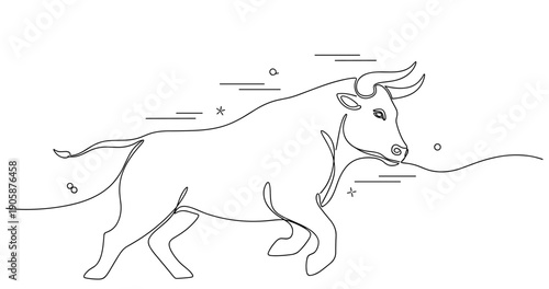 Dynamic bull outline: minimalist one-line sketch of a bull in motion. None editable stroke
