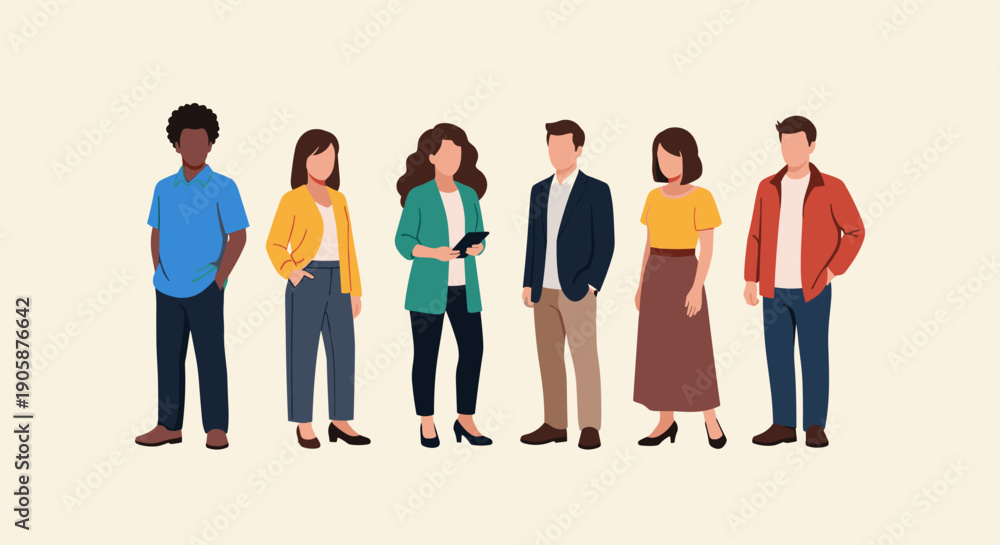 Obraz premium Diverse Team Illustration: A Group of Professionals Standing Together in a Modern Style, Perfect for Business, Collaboration, and Workplace Diversity Concepts