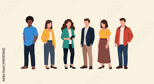 Diverse Team Illustration: A Group of Professionals Standing Together in a Modern Style, Perfect for Business, Collaboration, and Workplace Diversity Concepts