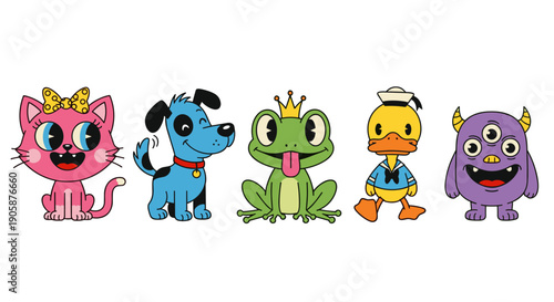 Whimsical Cartoon Animal and Monster Lineup: A Colorful and Playful Illustration for Children's Content, Educational Materials, and Cheerful Design Projects