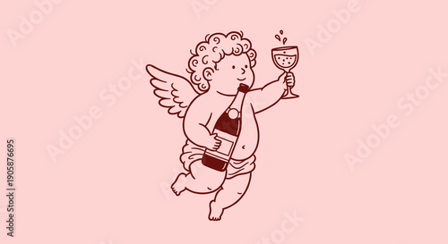Festive Fun: Cute Cartoon Cupid Angel Cheers with Champagne - Perfect for Valentine's Day, Celebrations, and Playful Designs [Illustration]
