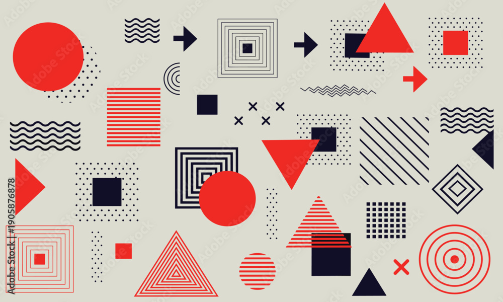 Obraz premium Bold 80s Memphis style geometric pattern with high-contrast red and navy shapes, arrows, and dotted textures on a neutral background.