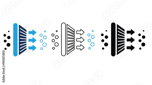 Three icons representing air filtration systems with arrows indicating airflow and particles.