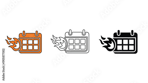 Calendar icons with flames in orange, line, and black illustration styles