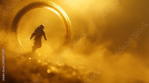 Astronaut stepping through golden portal in space