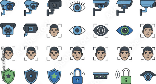 Security and Surveillance Icon Set with CCTV Cameras, Face Recognition, Biometric Scanning, Eye Detection, Shield Protection, and Smart Monitoring Systems