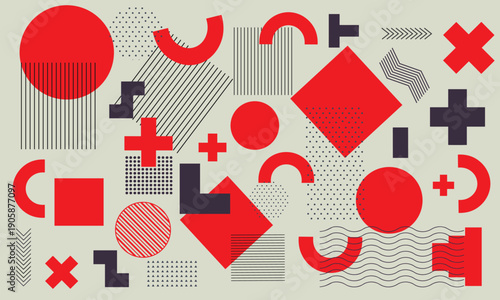 Bold geometric abstract pattern featuring red, dark gray, and black shapes in a dynamic, high-contrast composition reminiscent of 1980s Memphis design style.