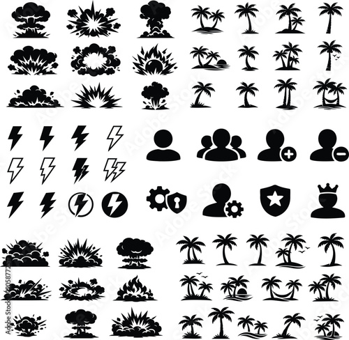 Collection of black vector explosions, lightning bolts, user profiles, and palm trees representing concepts of impact, power, community, security, and tropical destinations