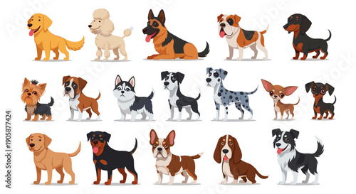 Adorable Cartoon Dogs: A Diverse Collection of Popular Breeds in a Whimsical and Playful Style, Perfect for Children's Illustrations and Educational Materials